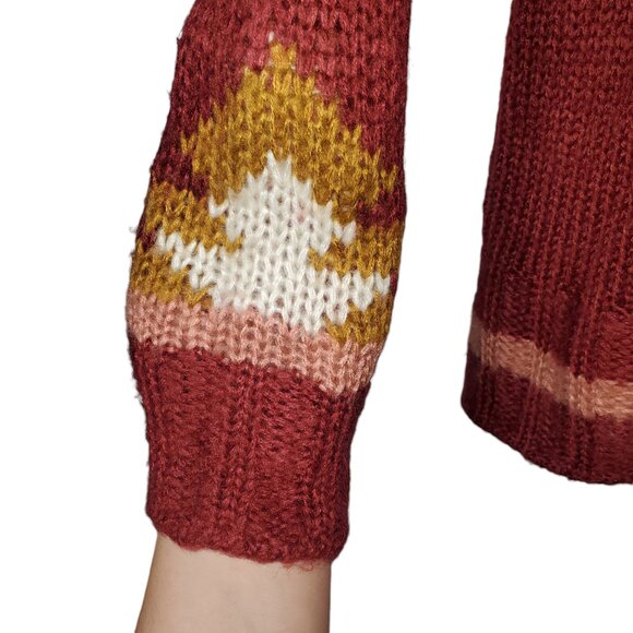 Papercut Clothing Southwest Knit Cardigan Sweater Open-Front Burgundy Geometric - Picture 2 of 6
